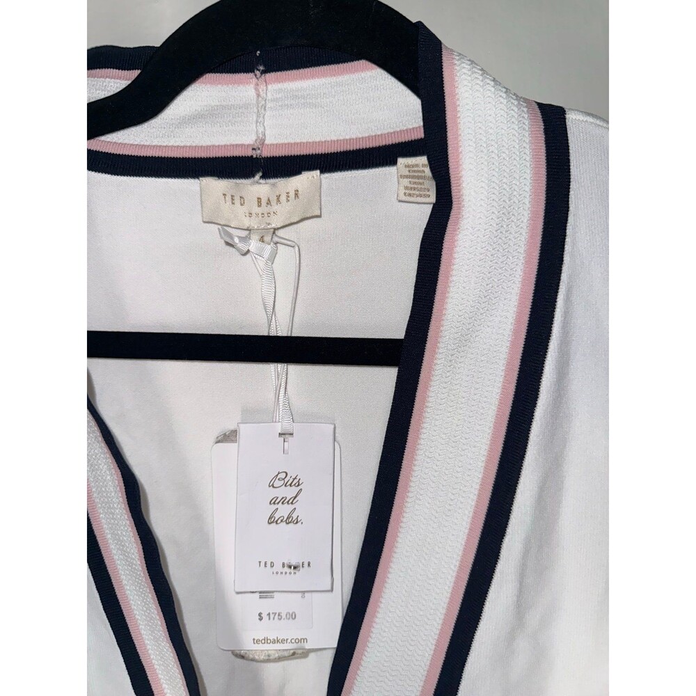 TED BAKER White Navy Pink V-Neck Boyfriend Button-Up Sweater size 4 - Picture 4 of 6